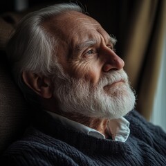 Aufkleber - Elderly man reflecting while sitting indoors during a quiet afternoon with warm lighting and soft shadows. Generative AI