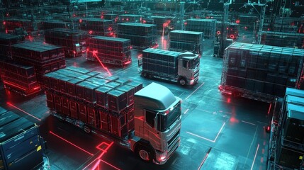 Poster - A futuristic depiction of global trade networks, with automated warehouses and supply chain hubs.