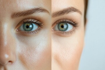 Aufkleber - Womans face comparison shows natural wrinkles on one side and flawless skin on the other side highlighting age differences. Generative AI