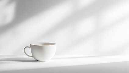 Poster - White mug on white surface with sun shadows