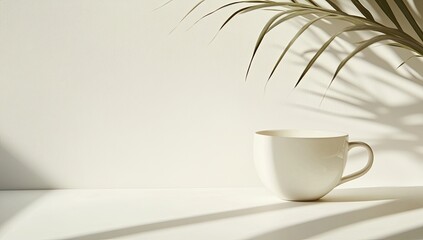 Aufkleber - White mug, sunlit, palm leaf shadow, blank background, for mockups