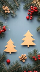 Wall Mural - Christmas composition with golden christmas trees, pine branches and red berries on blue background