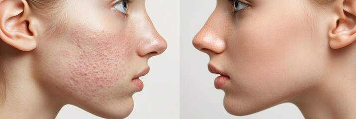 Aufkleber - Comparison of acne prone skin and radiant skin highlighting dermatological transformations. Generative AI