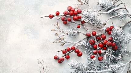 Wall Mural - Christmas decoration with red berries and snowy pine branches on white background