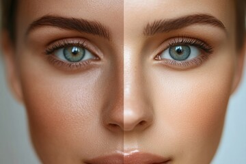 Leinwandbilder - Comparison of aging effects on facial skin showing wrinkled and smooth sides of a womans face. Generative AI