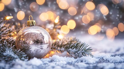 Aufkleber - Silver christmas ball ornament resting on snowy pine branch with sparkling lights