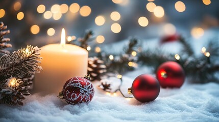 Poster - Burning candle with christmas ornaments and pine branches on snow