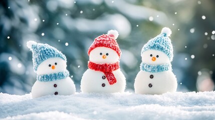 Aufkleber - Three cute snowmen wearing knitted hats and scarves enjoying winter snowfall