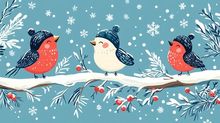 Aufkleber - Cute birds wearing winter hats enjoying snowy landscape during a snowfall