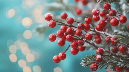 Poster - Christmas red berries covered with snow in front of turquoise background with bokeh lights