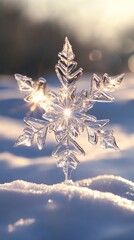 Aufkleber - Beautiful ice crystal snowflake shining in winter sunset light