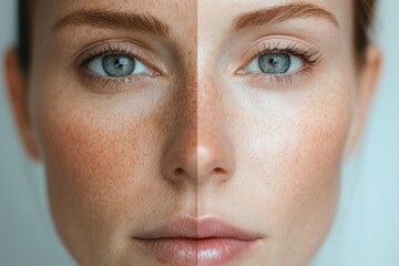 Leinwandbilder - Visual contrast of aging and youthfulness shown through a womans face showcasing wrinkles on one side and smooth skin on the other. Generative AI