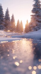 Poster - Winter landscape with snow covered pine trees and frozen river at sunset