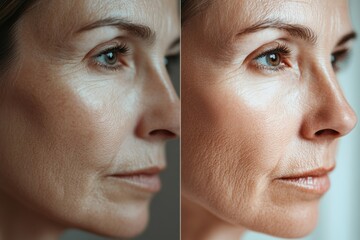 Leinwandbilder - Split view of a woman showcasing the contrast between aging skin and youthful appearance. Generative AI