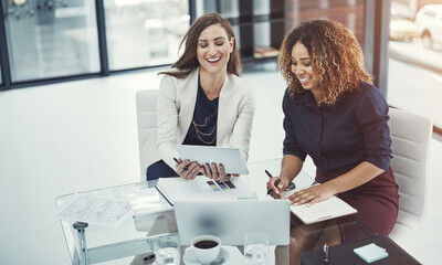 Poster - Documents, meeting and technology with business women in office together for planning or strategy. Laptop, paper and tablet with accounting colleagues in financial workplace for budget discussion
