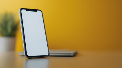 Wall Mural - smartphone on a yellow backdrop: a modern smartphone with a blank screen stands elegantly on a minim