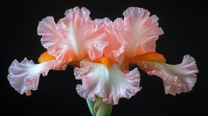 Wall Mural - Blooming peach iris, a floral close-up for cards, with black background