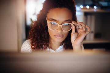 Poster - Reading, laptop and woman at night with glasses for online planning, writing proposal and research. Freelancer, remote work and person on computer for article, journalism and deadline for copywriting