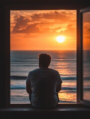 Poster - Sunset view from window with a person sitting and enjoying the peaceful ocean landscape. Generative AI