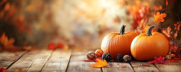 Wall Mural - Pumpkins, pine cones and walnuts decorating thanksgiving table