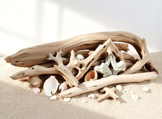 an image of a pile of driftwood and shells on the beach, there is a pile of driftwood and shells on the beach