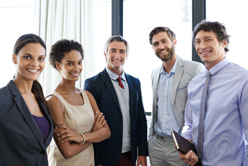 Poster - Portrait, diversity and corporate with business people in office for about us, support and legal team. Attorney partnership, law clerks and solidarity with group of employees in law firm for trial