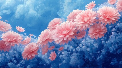 Wall Mural - Pink flowers bloom, blue sky, soft light, dreamy garden, spring wallpaper