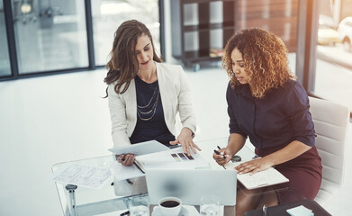 Poster - Meeting, paper and technology with business women in office together for planning or strategy. Documents, laptop and tablet with accounting colleagues in financial workplace for budget discussion