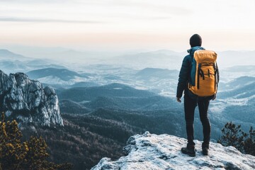 Leinwandbilder - Hiker standing on rocky summit overlooking scenic mountain landscape during early morning light. Generative AI