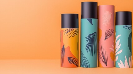 Poster - Colorful packaging for SME cosmetic products Concept, Vibrant Artistic Tubes with Bold Brushstroke Patterns Against a Warm Orange Background