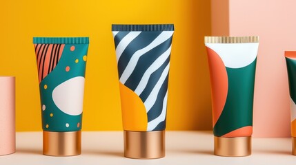 Poster - Colorful packaging for SME cosmetic products Concept, Colorful Hand-Drawn Skincare Tubes Against a Bright Abstract Background