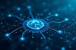 © MRSUTIN - blue glowing central node connects to a technological network system.