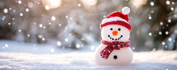Aufkleber - Happy snowman enjoying winter wonderland during snowfall at sunset