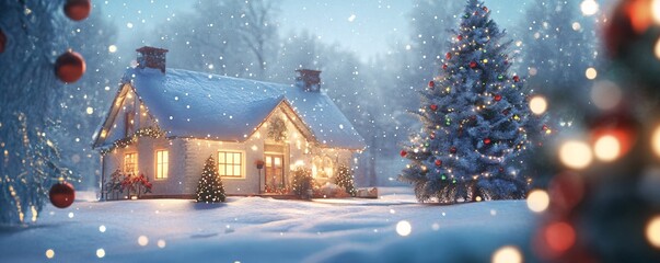 Aufkleber - Cozy christmas cottage covered in snow with decorated christmas tree