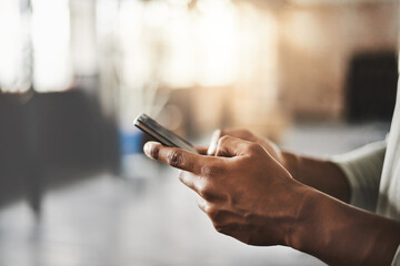 Poster - Hands, phone and texting on break at gym with contact, training or web chat at fitness class. Person, smartphone and click on mobile app for progress with exercise, workout and stats for wellness