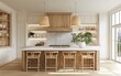 © Fathor - 3D rendering of a luxury modern farmhouse kitchen with an island and barstools in light wood, white cabinets, and a marble backsplash. Soft, warm lighting illuminates the front view.