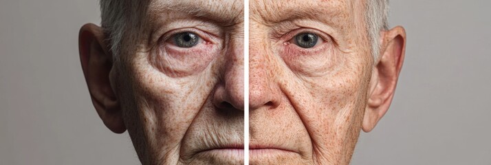 Leinwandbilder - Transformation of aging a striking comparison of youthful skin versus aged features in one face. Generative AI