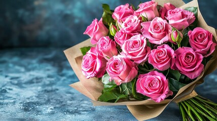 Wall Mural - Bouquet of pink roses on table against a textured dark backdrop. Gift for love