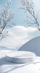 Aufkleber - Marble podium displaying products on winter snowy landscape with frozen trees