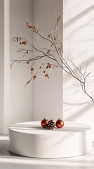 Poster - Christmas ornaments and pine cone resting on white podium with bare branches