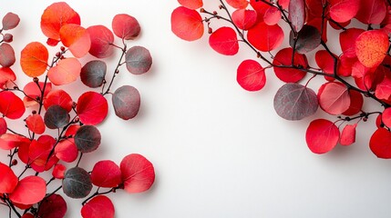 Wall Mural - Red autumn leaves frame, white background, flatlay