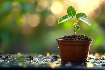 Aufkleber - Small green plant in a pot surrounded by blurred greenery and soft sunlight during a serene afternoon setting. Generative AI