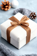 Wall Mural - white box with brown ribbons tied around it. the box is decorated with pine cones and a scarf