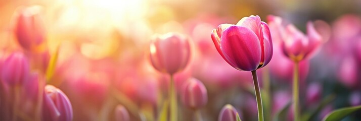 Leinwandbilder - Beautiful pink tulips blooming in sunlight during springtime in a garden. Generative AI
