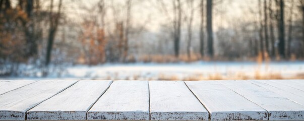 Poster - Empty white wooden table on blurred winter forest background