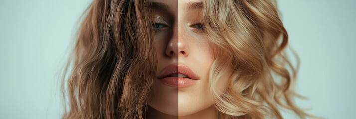 Poster - Dramatic transformation of hairstyle showcasing dual looks in a modern studio setting. Generative AI