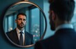 © miss irine - Business pro looks in mirror reflecting city skyline, power of planning in business improvement. Young entrepreneur gazes at reflection, representing success, introspection, expertise. Handsome man