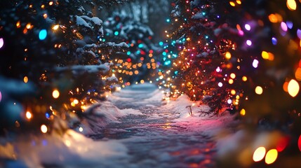 Aufkleber - Christmas lights illuminating snowy path at night