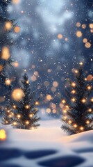 Aufkleber - Christmas trees covered by snow and decorated with fairy lights creating a magical atmosphere