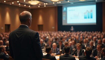 Poster - Rear view of speaker addressing large audience at conference in hotel hall. Presentation with charts on screen. Professional engagement, networking, keynote, industry, communication, business